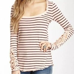 Free People Pink and Black Striped Scoop Neck Lace Sleeve Top